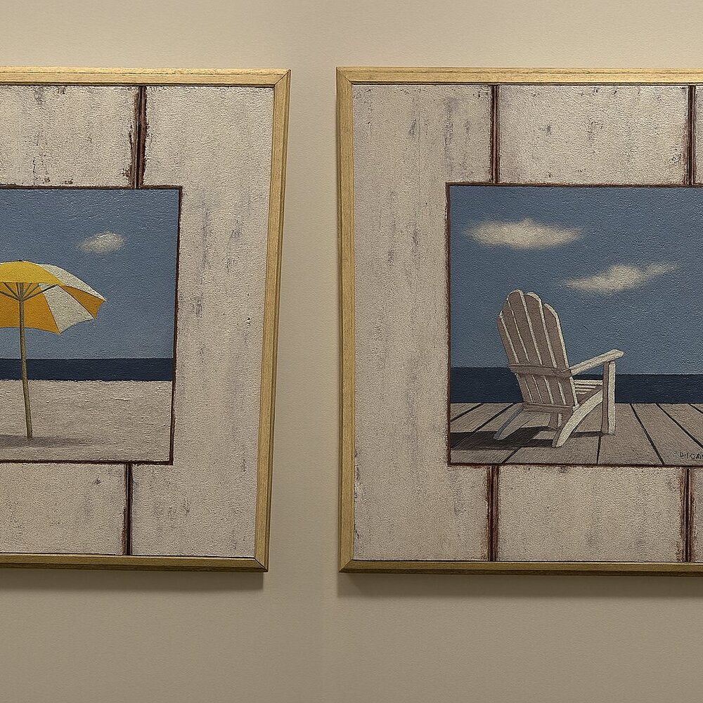 Two J. Wiens Beach Art Wood Plaques: Umbrella and Adirondack Chair